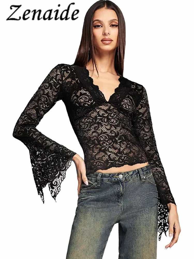 Zenaide See Through V Neck Long Sleeve T Shirt Lace Skinny Lace Sexy Crop Tops Y2K Women Summer Party Club 2023 Pink