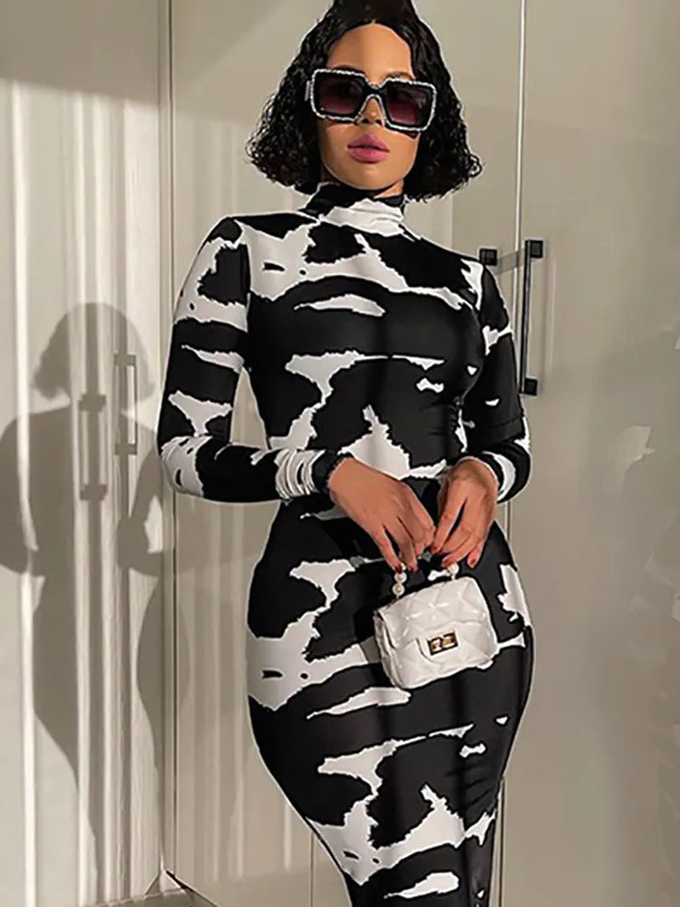 Hugcitar 2023 manches longues col roulé vache imprimé moulante robe Maxi automne hiver femmes mode fête Club Sexy tenues vêtements