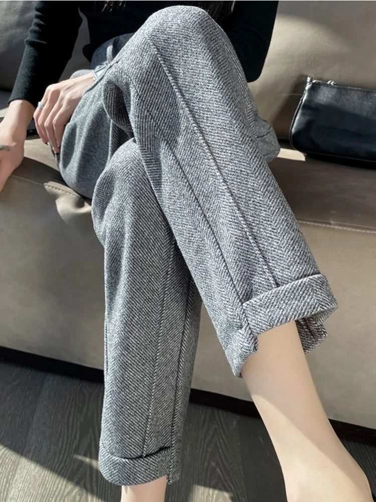 High-waisted Tweed Straight Pants 2023 Autumn/Winter New Women' S Pants Loose Casual Herringbone Warm Thickened Cropped Pants