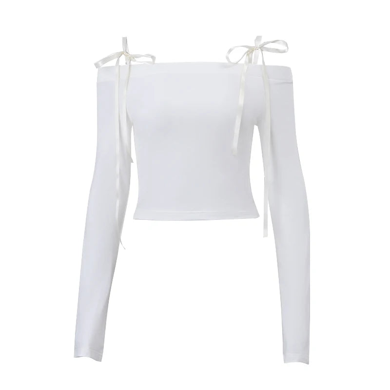 Xeemilo décontracté épaules nues culture hauts Y2K solide nœud à lacets à manches longues T-shirt élégant Slash-cou extensible femmes T-shirt 2023