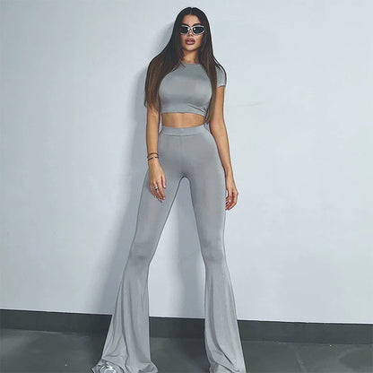 Col rond court haut court Long Flare pantalon deux pièces ensembles femmes tenues haute Stretch Conjuntos Feminino solide Ensemble Femme