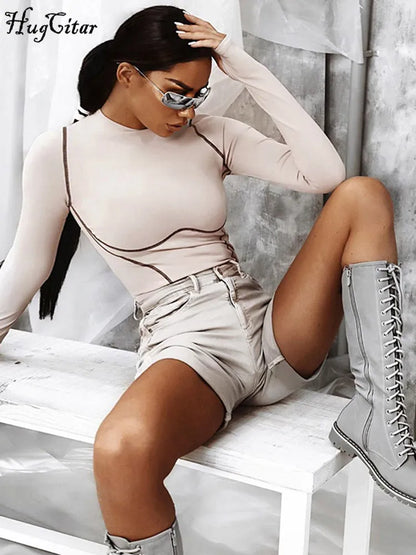 Hugcitar Long Sleeve Striped Line Patchwork Sexy Bodycon Skinny Playsuit 2023 Autumn Winter Female Streetwear Exercise Romper