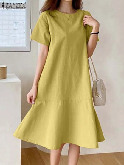 ZANZEA Female O-Neck Zipper Short Sleeve Sundress Summer Woman Solid Dress Stylish Elegant Work OL Vintage Loose Midi Dresses