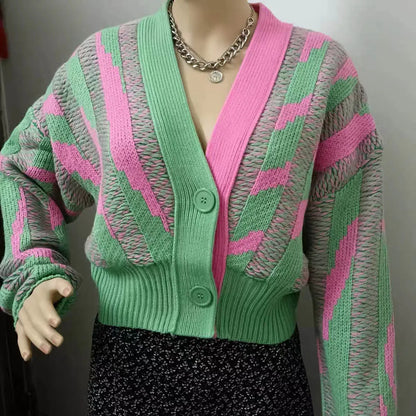 Cardigan court vert bloc de couleurs pour femmes, haut en tricot à manches longues, de rue, nouvelle mode coréenne Dongdaemun, automne hiver 2023