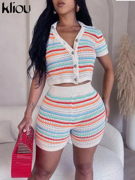 Kliou Horizontal Stripe Knitted Two Pieces Set Women Casual Turndown Collar Botton T-shirt + High Waist Short Lady Skinny Suit