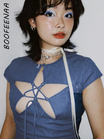 BOOFEENAA Lace Up Hollow Out Star Denim Crop Tops for Woman Summer Clothes Girly Y2k Cute Sexy Fitted Shirts Streetwear C66-CC16