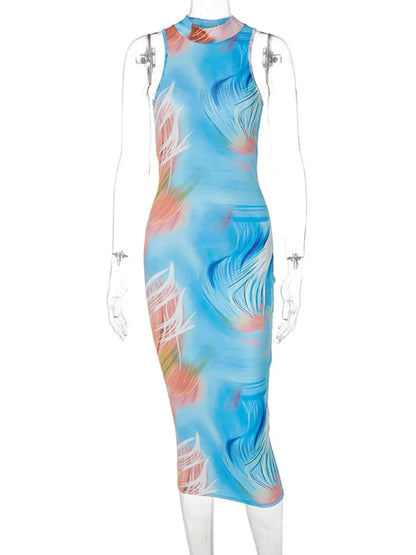 Hugcitar Tie Dye cuello redondo sin mangas espalda descubierta Sexy ceñido al cuerpo vestido Midi con abertura 2023 verano Mujer ropa de moda Y2K Streetwear fiesta