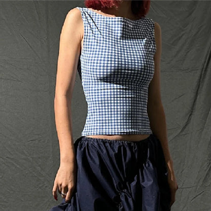 Xeemilo-Camiseta sin mangas con lazo y espalda descubierta para mujer, ropa de calle informal, Tops cortos con estampado a cuadros, Tops cortos sin mangas, corsés ajustados de moda de verano 2023