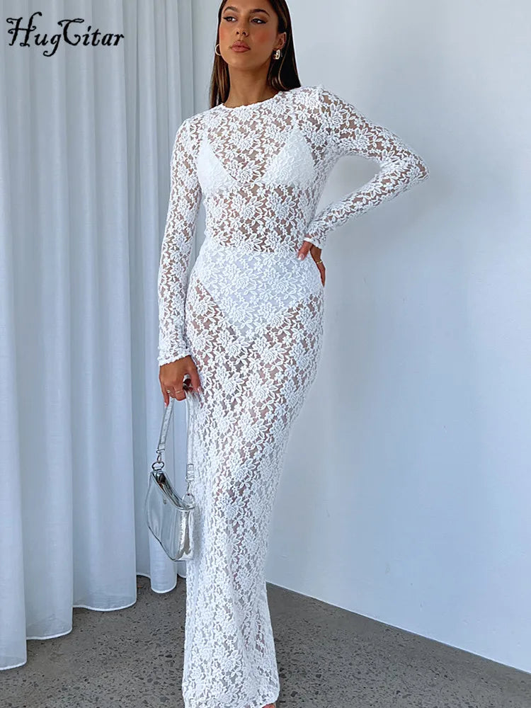 Hugcitar – robe Maxi transparente à manches longues, imprimé Floral, Sexy, moulante, transparente, mode femme, Streetwear, tenue de fête, Y2K, automne 2023