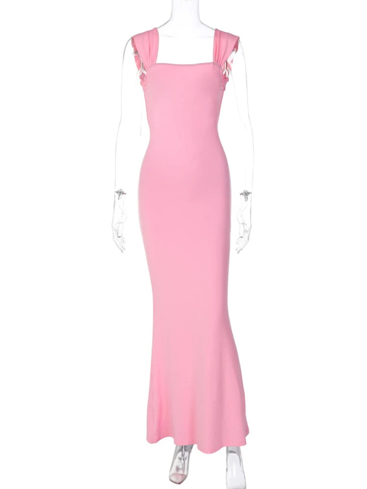 Dulzura-Vestido largo rosa con cordones y espalda descubierta para mujer, vestido largo Sexy ajustado con tirantes, vestido elegante para fiesta y noche de cumpleaños