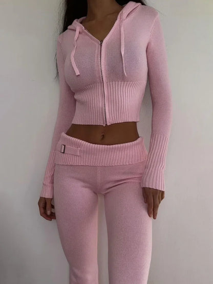 Taruxy Women Spring Outfits Casual Zipper Sweater Hoodie Set High Waist Flare Pants Suits Pink Knitted Womens Y2k Two Piece Set