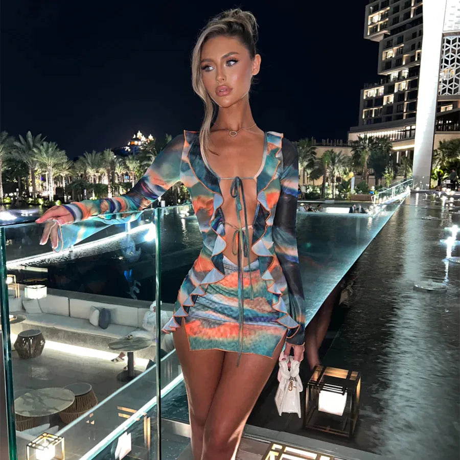 hirigin Women Ruffle Mini Dress Sexy Deep V Neck Cutout Mesh See Through Bodycon Short Dress Tie Dye Summer Beach Sundress