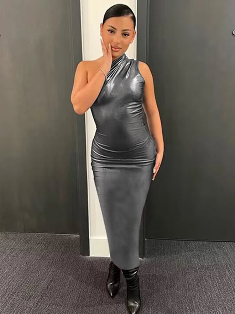 Dulzura Faux Leather Sleeveless One Shoulder Long Dress For Women Bodycon Sexy Streetwear Party Club Outfits Summer Clothes