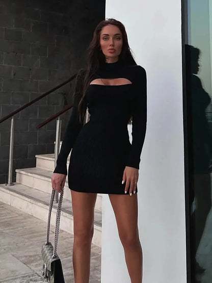 2023 Autumn Winter Long Sleeved Knitted Dress Women Half Collar Cut Out Sexy Short Dress Female White Black Bodycon Dresses