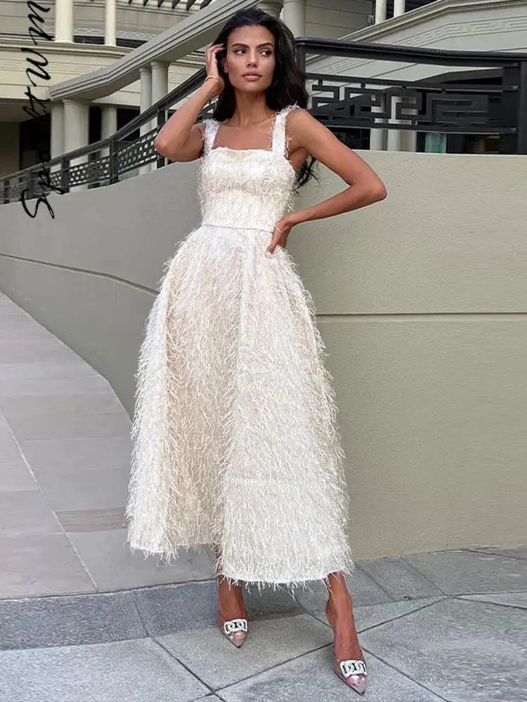 Sexy White Feather Backless Midi Dress For Women Fashion Slash Neck Sleeveless High Waist Sling Dresses Elegant Lady Street Robe