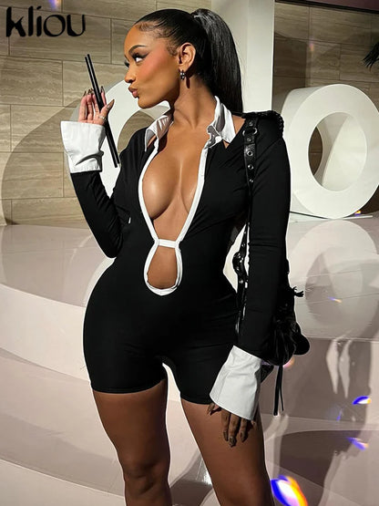 kliou Panelled Hollow Out Playsuits Women Hipster Lapel Deep V-neck Full Sleeve Autumn Skinny Backless Rompers Female Streetwear