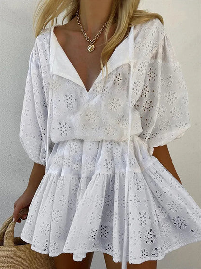 CHRONSTYLE Elegant Women Lace Floral Short Sleeve Mini Dress V-neck Solid High Waist Hollow Out Party Dress Female Vestidos 2022