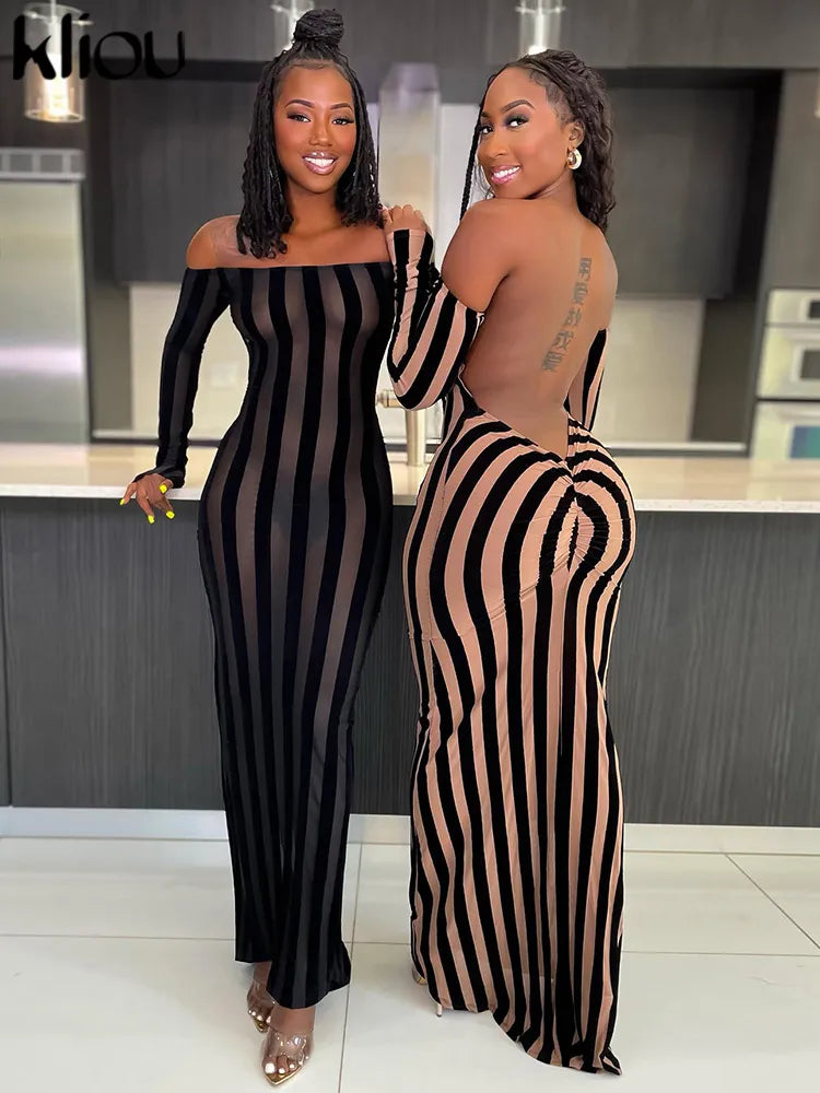 kliou Autumn Striped Women Dress Sexy Peach Buttock See Through Long Sleeve Backless Robe Female Elegant Slash Neck Maxi Bodycon