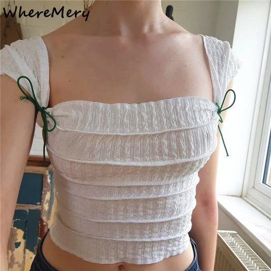 WhereMery Y2K Cute Bow Lace Up Crop Top Aesthetic Texture Square-neck Sleeveless T Shirt 2023 Summer Women Streetwear Slim Tees