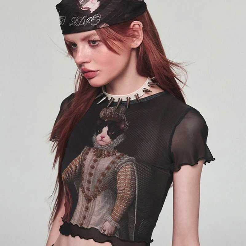 CUTENOVA Hottie Girls Vintage Cat Duke Print Cuello redondo Manga corta Borde decorativo Malla Camiseta Elegante Skinny Top