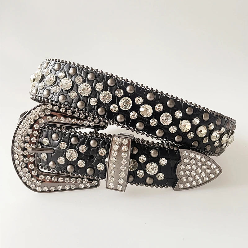 Cinturones Punk oscuro con diamantes de imitación para mujer, correa de cuero de diseñador, cinturón Bing con diamantes, vaquero occidental Y2K E, cinturón de moda para vaqueros y hombres