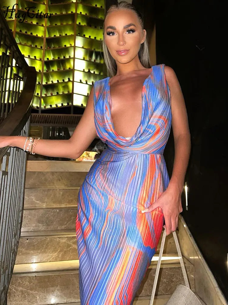 Hugcitar Tie Dye Striped Swing Backless Draped Sexy Bodycon Maxi Dress 2023 Fall Women Fashion Outfit Beach Party Nightclub Y2K