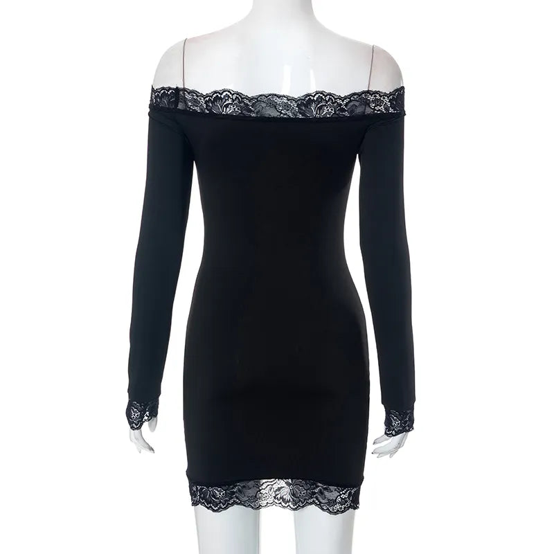 BUILDINGB – robe noire Sexy en dentelle pour femme, asymétrique épaule dénudée, manches longues, Mini paquet de hanche, élégante, Clubwear, vêtements sauvages, automne