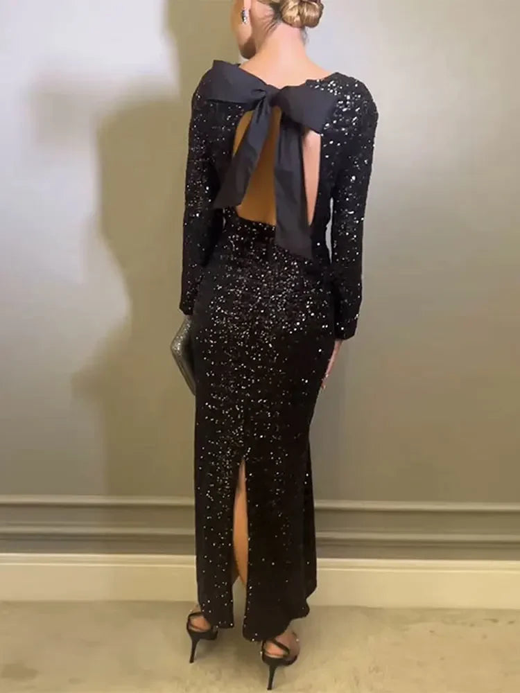 Vestido elegante de encaje con lentejuelas y lazo sin espalda para mujer, Vestidos de manga larga con cuello redondo en la espalda, bata para banquete de noche brillante a la cadera