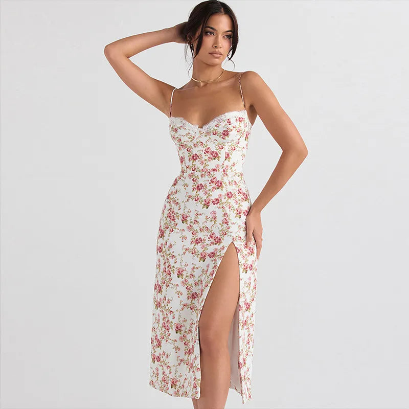 Hugcitar-vestido Midi con volantes y estampado Floral, sin mangas, Espalda descubierta, Sexy, ceñido al cuerpo, con abertura, ropa elegante de verano para fiesta Y2K, venta al por mayor