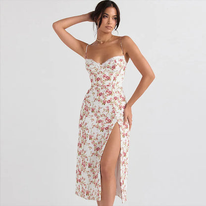 Hugcitar – robe mi-longue à volants, imprimé Floral, sans manches, dos nu, Sexy, moulante, fente latérale, vêtements d'été élégants, fête, vente en gros, Y2K