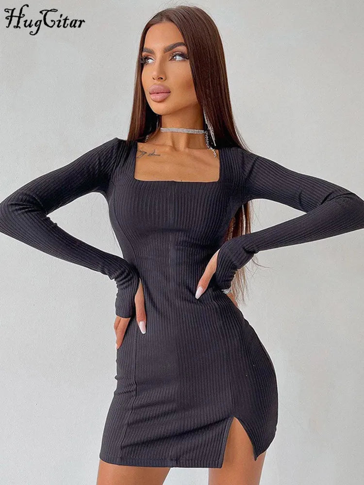 Hugcitar Green Solid Ribbed Long Sleeves Square Neck Sexy Slim Mini Prom Dress 2023 Fall Women Party Club Elegant Clothes Y2K