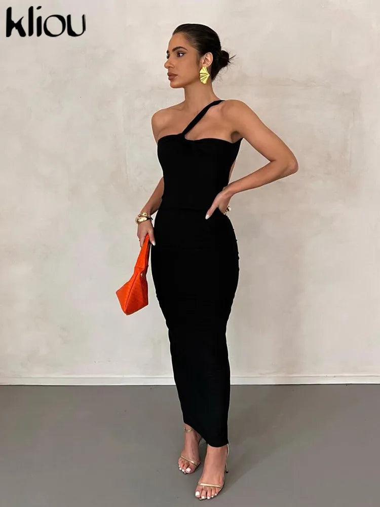 Kliou Asymmetrical Concise Solid Maxi Dress Women Elegant Off Shoulder Backless Ruched Skinny Robe Female Party Evening Clothing