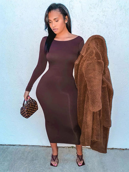 Dulzura Long Sleeve Backless Brown Maxi Dress For Women Bodycon Skinny Sexy Long Dress Streetwear Party Outfits Autumn Winter