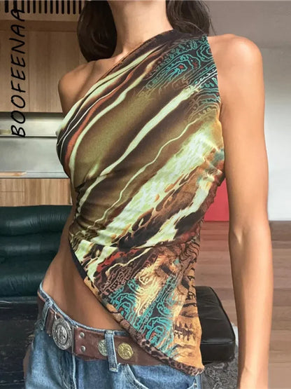 BOOFEENAA Abstract Print Tank Tops Y2k Tees Summer Clothing for Women 2023 Trendy Sexy Asymmetric One Shoulder Crop Top C83-AF11