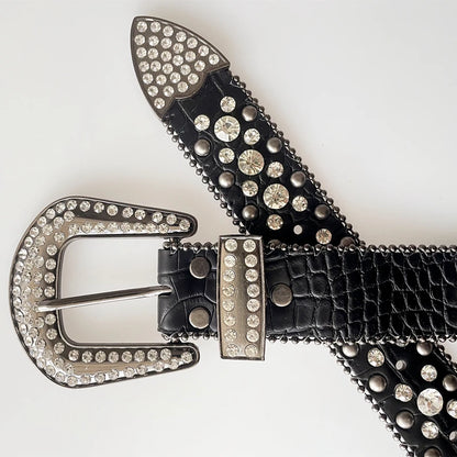 Punk Dark Rhinestone Belts Women Designer Leather Strap Diamond Bing Belt Western Cowboy Y2K E Girls Fashion Belt For Jeans Men