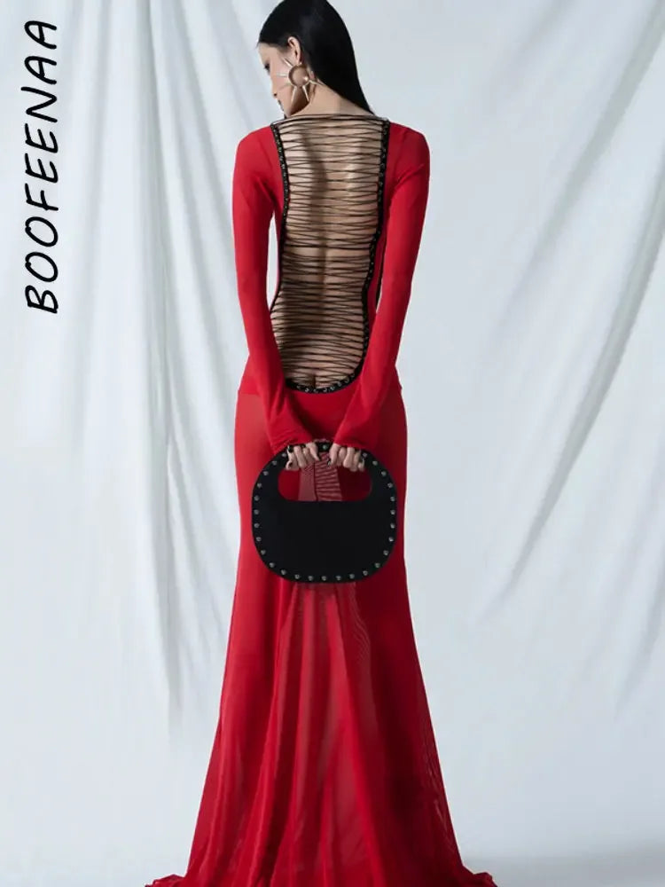 BOOFEENAA, vestidos sexis de malla con tirantes y espalda descubierta, vestido negro rojo transparente de manga larga con dobladillo acampanado, vestido Maxi para mujer, ropa de fiesta C15-DD22