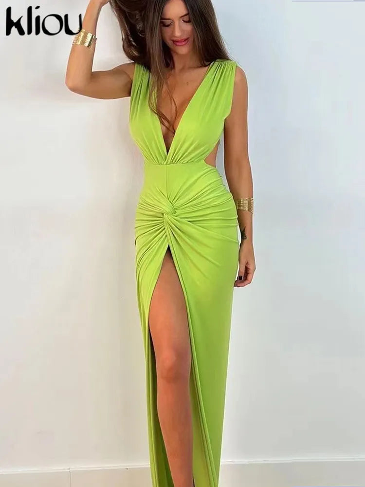 Kliou Elegant Evening Style Maxi Dress Women Hipster Sexy Deep V-neck Backless Side Split Sleeveless Robe Female Party Clubwear