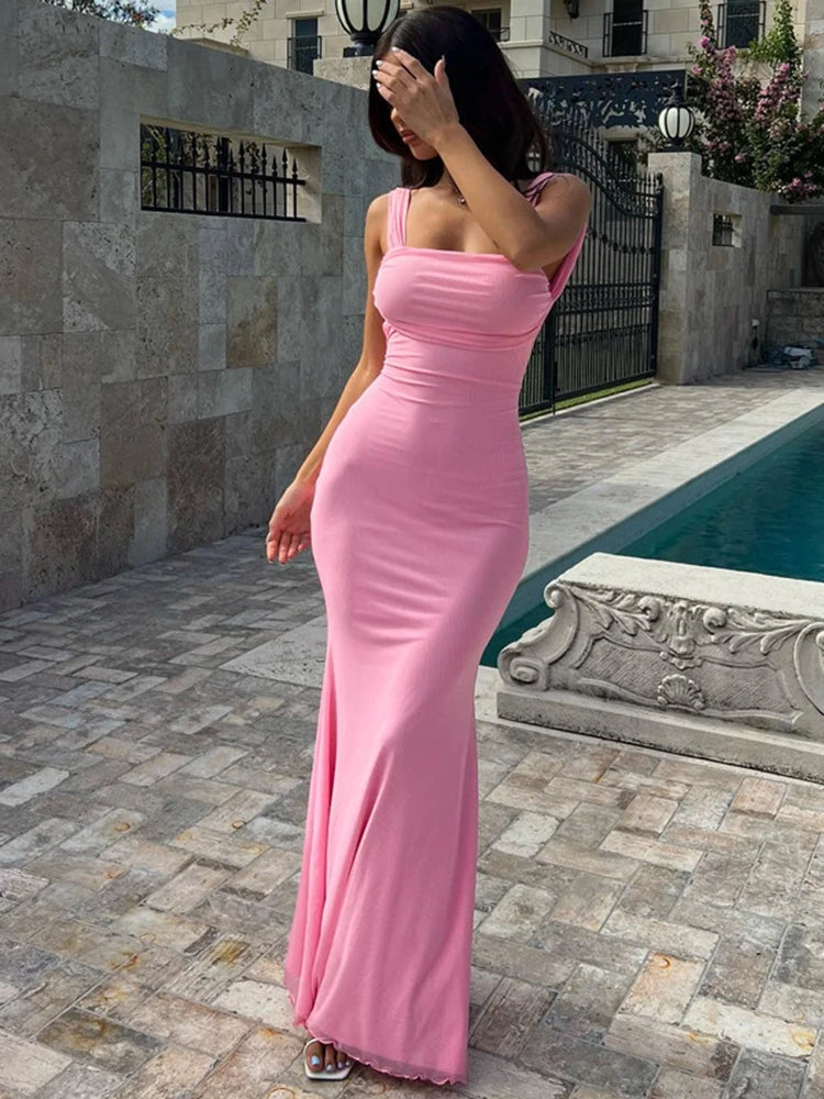 Dulzura Lace Up Backless Pink Long Dress For Women Bodycon Sexy Slim Strap Maxi Dress Party Elegant Birthday Evening Outfits