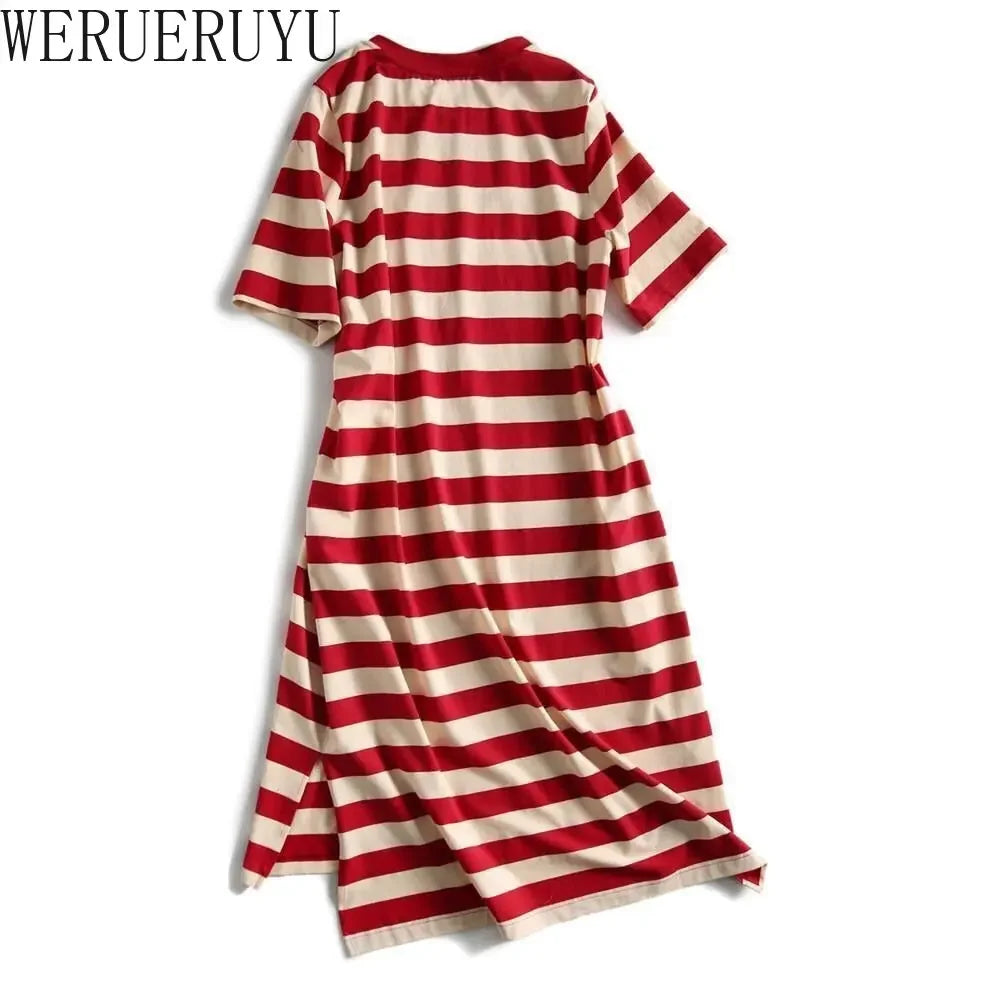 Striped Print Short Sleeve Midi Dress Summer Aesthetic Clothes Korean Fashion Casual Harajuku Dresses for Women 2023 Vestidos