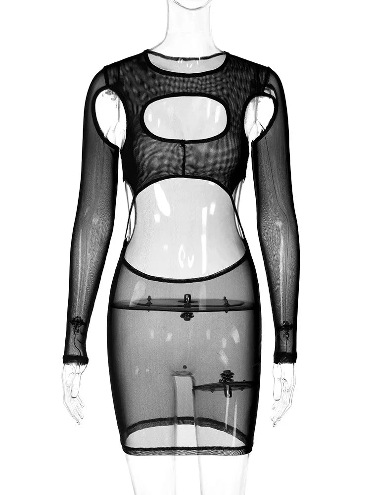 Dulzura Long Sleeve Cut Out Mesh Mini Dress Bodycon Sexy See Through  Hollow Out Sheer Dress Party Club Outfits Streetwear Y2K