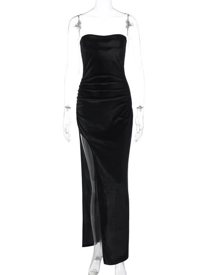 Hugcitar Velvet Strapless Black Draped Slit Elegant Sexy Bodycon Maxi Prom Dress 2023 Winter Women Outfits Evening Party Holiday