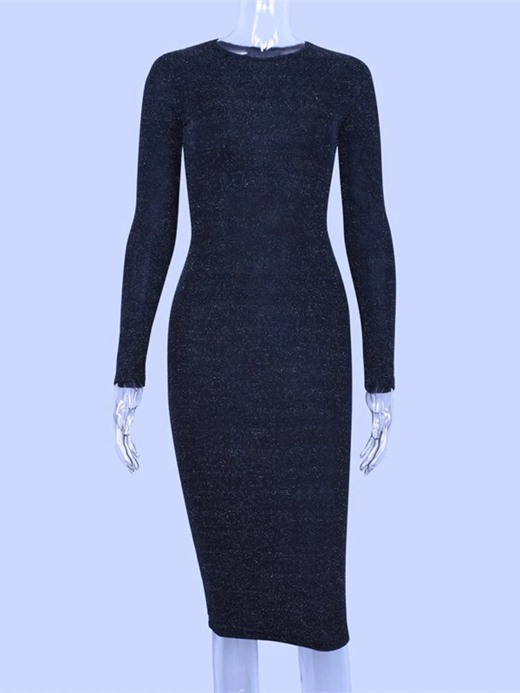 Hugcitar – robe mi-longue brillante à manches longues, taille haute, Sexy, Slim, mode femme, moulante, vêtements de fête élégants, automne hiver 2023