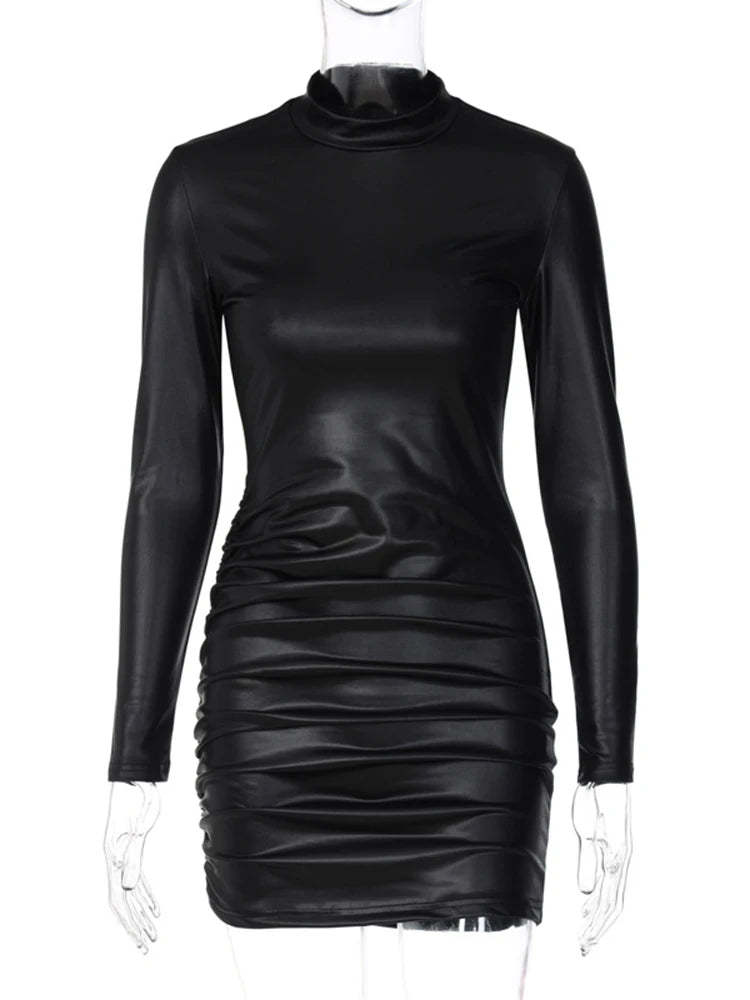 Dulzura Faux Leather Long Sleeve Pu Mini Dress For Women Bodycon Sexy Party Club Clothes Streetwear Outfits Drop Shipping