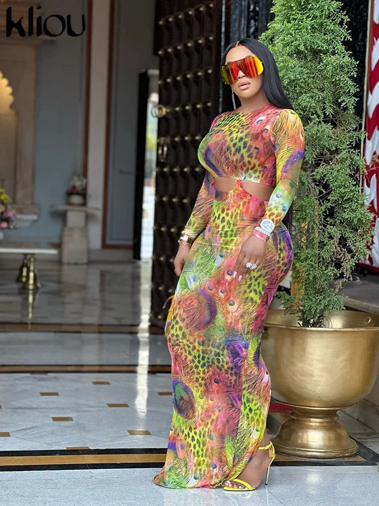 Kliou Colorful Print Maxi Dress Women Shiny Stunning Hollow Out Full Sleeve O-neck Robe Female Elegant Street Style Lady Bodycon