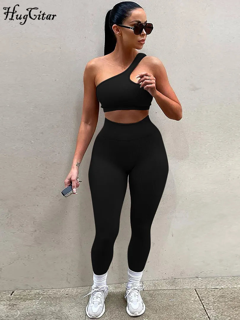 Hugcitar Autumn Fashion 2 Piece Sets One Shoulder Strap Sexy Crop Tank Top Pants Female Casual Tracksuit Streetwear Vacation Y2K