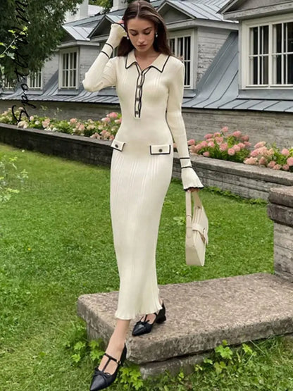 Elegant Patchwork Ruffle Knitted Midi Dress Women Lapel Single Breaster Long Sleeve Slim Dresses Autumn Chic Female Street Robes