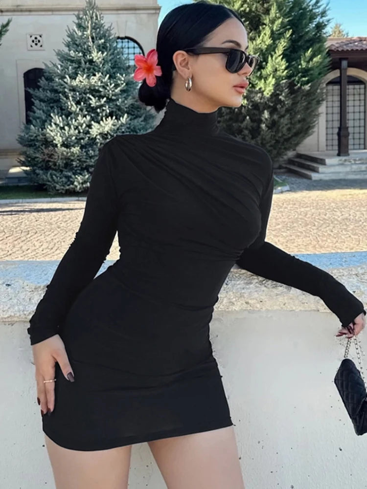 Dulzura Solid Long Sleeve Ruched Mini Dress For Women Bodycon Sexy Streetwear Party Elegant Outfit Birthday Short Dress Evening