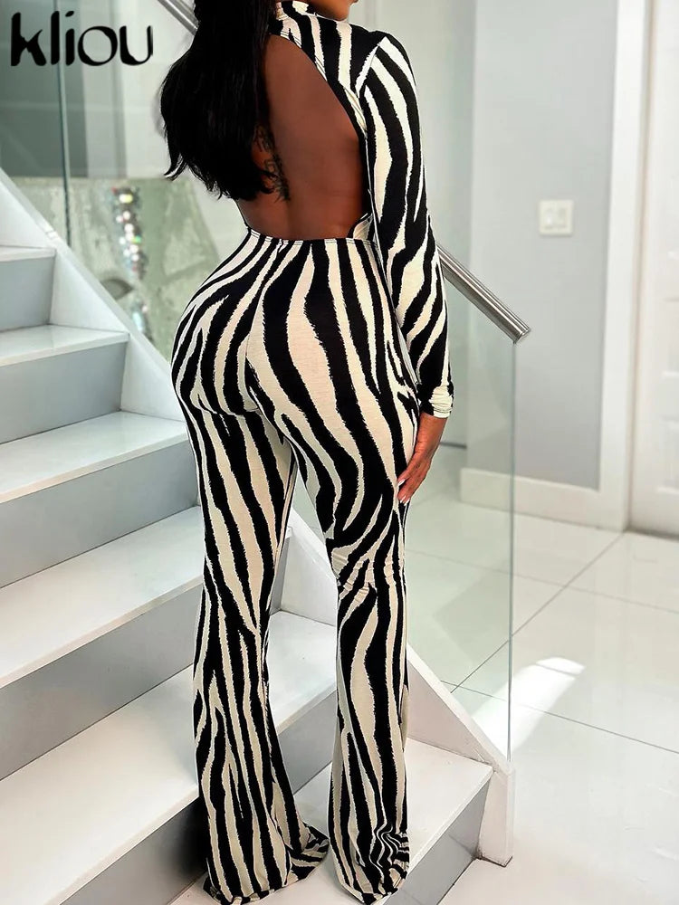 kliou Classic Striped Print Jumpsuits Women Fashion Long Sleeve Sexy Back Hollow Out Slim Fit Flare Overalls Female Attirewear