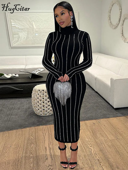 Hugcitar Winter Fashion Sequined Turtleneck Long Sleeve Black Sexy Bodycon Midi Dress Women Clothes Evening Party Club Y2K