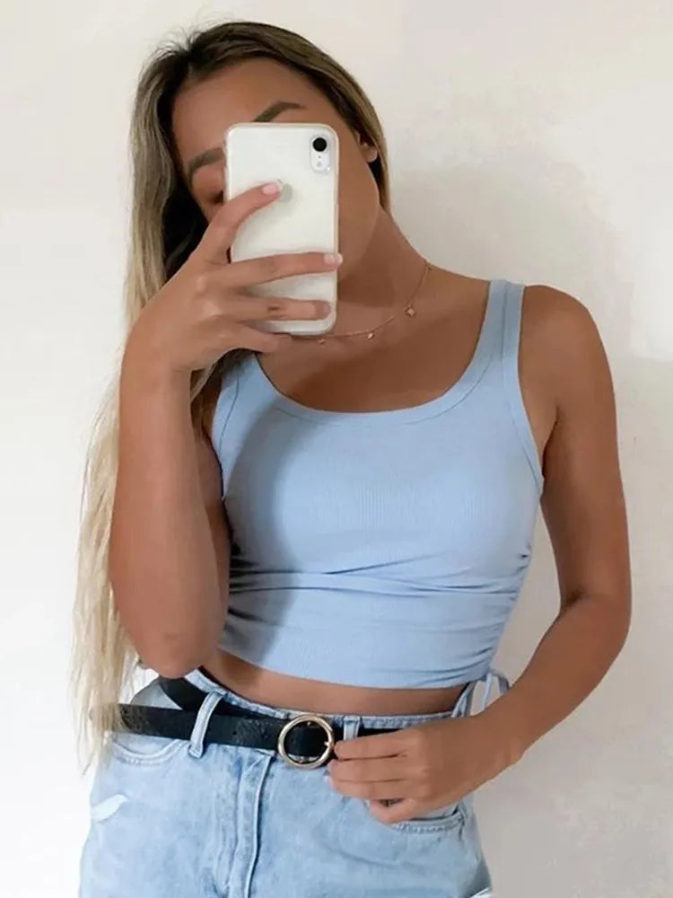 Camisetas sin mangas fruncidas para mujer, camisetas lisas informales a la moda, Top corto para mujer, Top corto con lazo para Fitness de verano